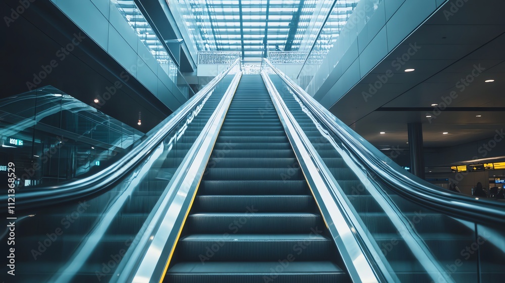 An escalator going up in a modern building with a glass roof. An escalator going up in a modern building with a glass roof.