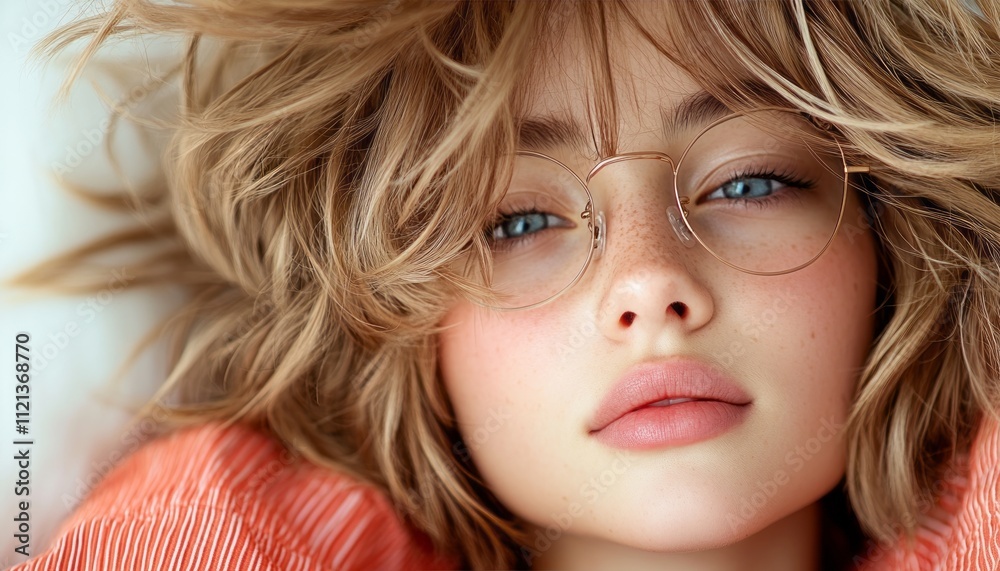 Softly lit close-up of a young individual with wavy hair and glasses relaxing indoors Softly lit close-up of a young individual with wavy hair and glasses relaxing indoors