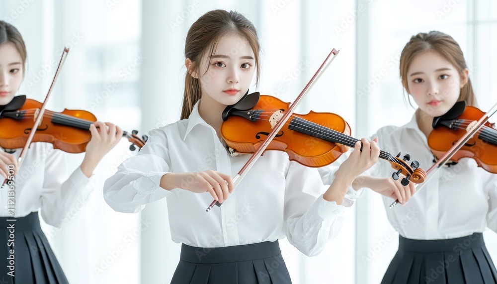 Three young musicians play violins in a bright, airy studio, showcasing their talent together Three young musicians play violins in a bright, airy studio, showcasing their talent together