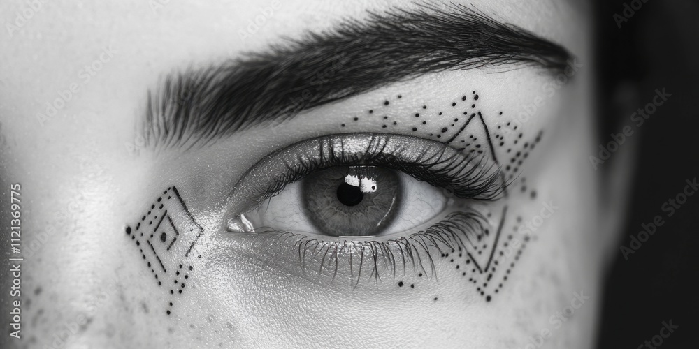 Obraz premium Intricate patterns adorn the skin around the eye, showcasing a unique blend of artistry and emotion in black and white