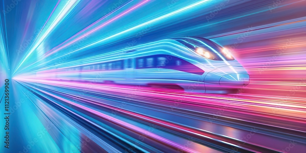 High-speed train speeding through neon-lit tunnel. High-speed train speeding through neon-lit tunnel.