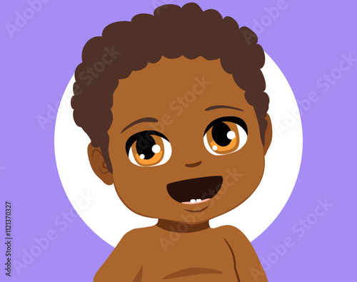 Baby milestone first tooth baby boy vector illustration. Cute child smiling showing two teeth