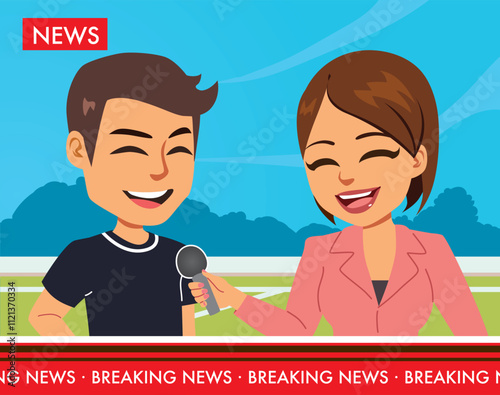 News reporter interviewing male soccer player vector illustration. Beautiful female newscaster talking with successful sport athlete