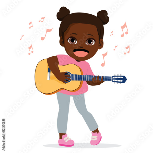 Sweet african ethnicity girl playing guitar vector illustration. Isolated child learning how to play an instrument