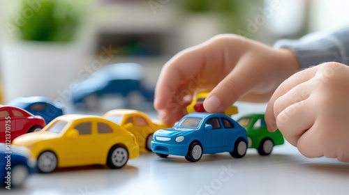 A child's hand plays with colorful toy cars, encouraging creativity and imaginative play in a bright environment. photo