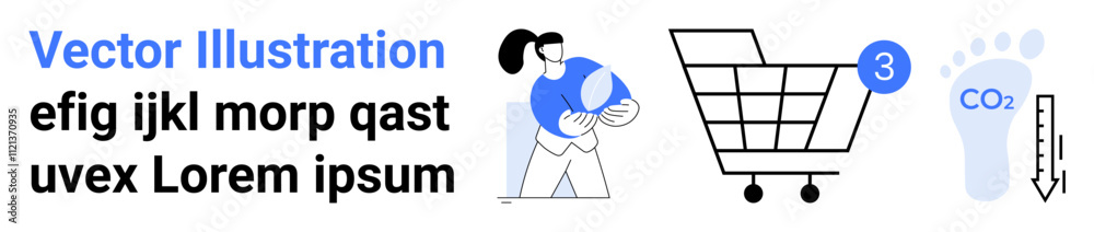 Shopping cart with number 3, person holding globe, CO2 footprint, descending bar graph. Ideal for sustainability, shopping trends, consumer behavior, ecological impact, climate change awareness Shopping cart with number 3, person holding globe, CO2 footprint, descending bar graph. Ideal for sustainability, shopping trends, consumer behavior, ecological impact, climate change awareness