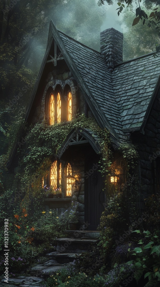 Obraz premium Enchanted Forest Cottage at Dusk