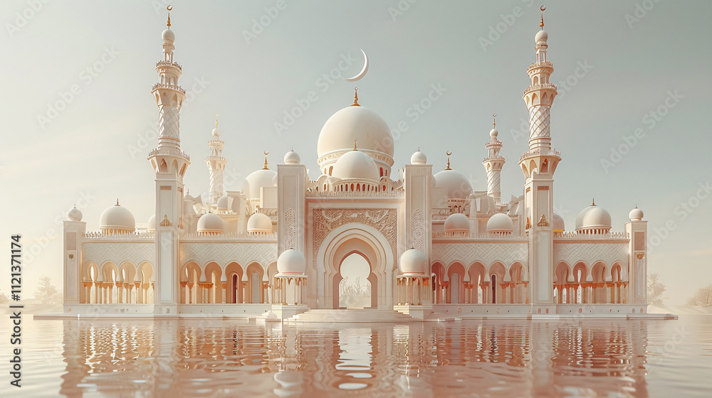 Obraz premium Paper carving of a mosque and mountain with trees, the mosque is made in a beige color, there should be no background