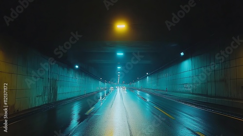 A highway tunnel at night.