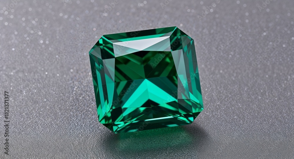 Fototapeta premium Square emerald rich green brilliance sparkling facets on a silver gray background