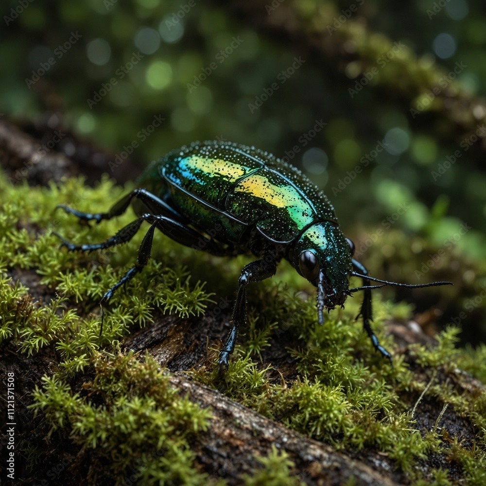 A beetle with iridescent green armor crawling on a mossy log in a lush rainforest. A beetle with iridescent green armor crawling on a mossy log in a lush rainforest.