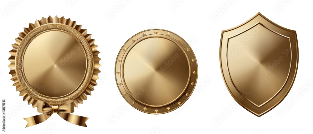 Golden award, badge, and shield set. Golden award, badge, and shield set.