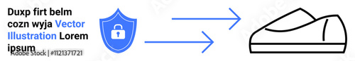 Shield with lock symbol and blue arrows pointing towards a minimalist shoe outline. Ideal for cybersecurity, data protection, secure delivery, e-commerce, online shopping, encryption, web safety