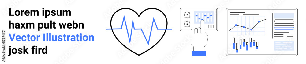 Heartbeat in heart shape, touchscreen control panel, data analysis panel with graphs and charts. Ideal for healthcare, medical technology, heart monitoring, digital health, data visualization, health Heartbeat in heart shape, touchscreen control panel, data analysis panel with graphs and charts. Ideal for healthcare, medical technology, heart monitoring, digital health, data visualization, health