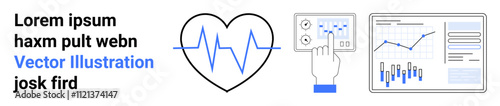Heartbeat in heart shape, touchscreen control panel, data analysis panel with graphs and charts. Ideal for healthcare, medical technology, heart monitoring, digital health, data visualization, health