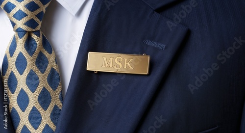 A gold bar pin engraved with initials resting smartly on his suit lapel
