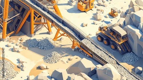 Cement Production. Heavy Machinery loads Stones and Gravel on Conveyor Belt in Mining Quarry photo