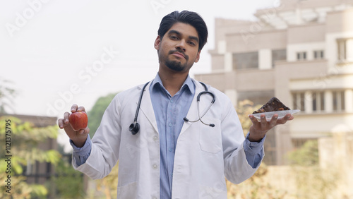 Indian Doctor Holding Apple and Chocolate Brownie in Each Hand and Looking in the Camera photo