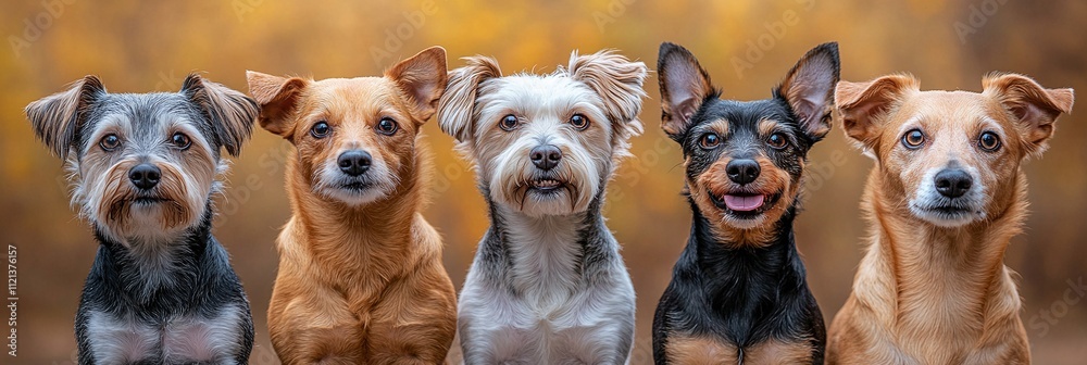 Obraz premium Five adorable dogs of different breeds, posing for a portrait against a blurry autumn background. Their fur is a mix of grey, brown, and white, and their expressions are sweet and curious.