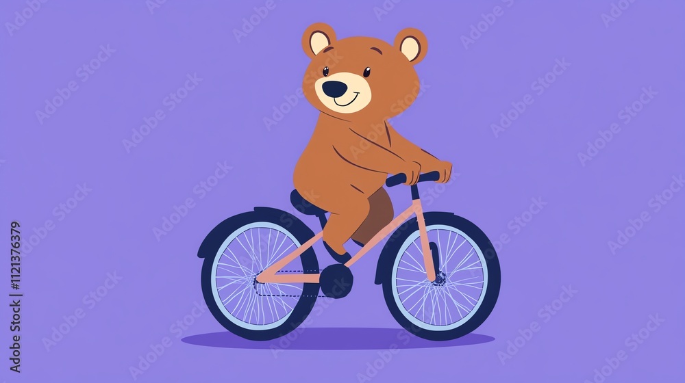 Fototapeta premium A cute cartoon bear riding a bicycle on a purple background.