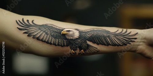 Majestic eagle tattoo design showcasing intricate details on a forearm in a serene environment during studio hours