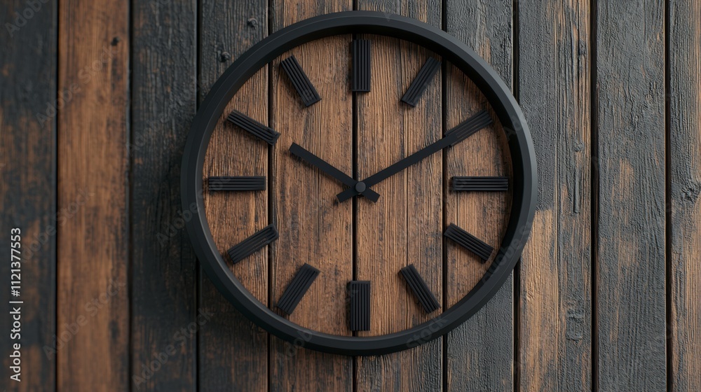 A black clock with a wooden frame showing the time as 10:30 A black clock with a wooden frame showing the time as 10:30