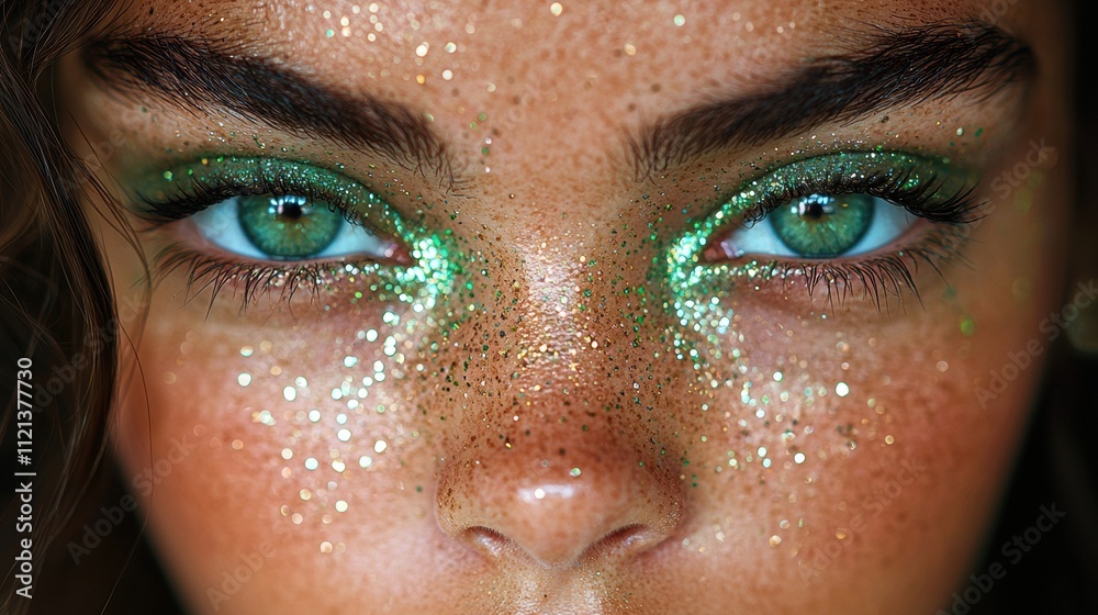 Close-up of Sparkling Green Makeup on Glowing Skin with Glitter Close-up of Sparkling Green Makeup on Glowing Skin with Glitter