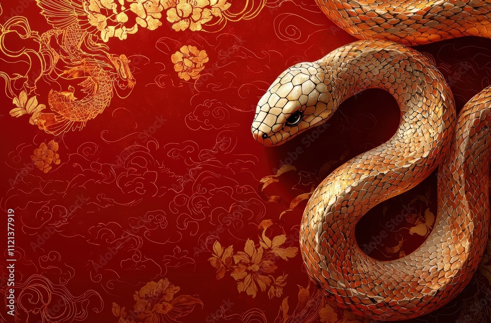 Obraz premium Elegant golden snake on a rich red background