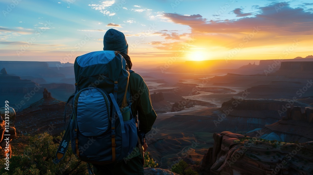 Backpacker Admiring a Scenic Sunrise Over a Mountain Landscape in Nature Backpacker Admiring a Scenic Sunrise Over a Mountain Landscape in Nature