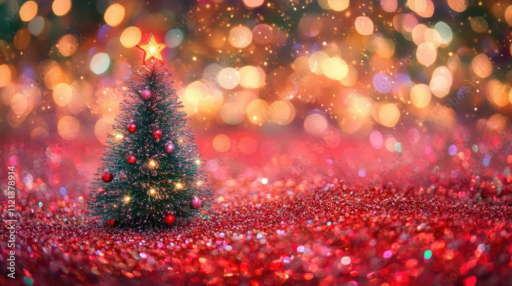Festive Christmas tree design with bright lights on a vibrant red glitter-filled background for holiday celebration