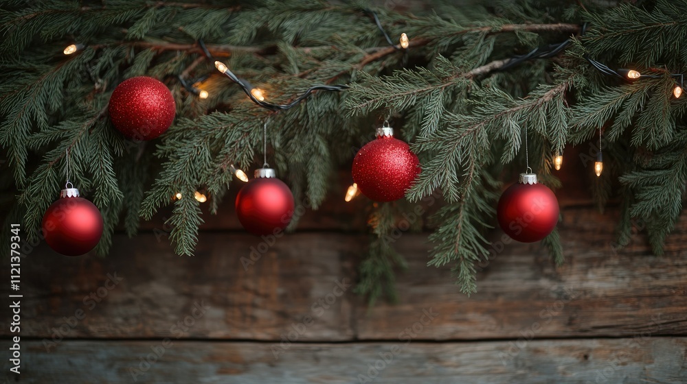 Fir branches adorned with red ornaments and twinkling lights over a rustic wooden plank background, perfect for a Christmas theme Fir branches adorned with red ornaments and twinkling lights over a rustic wooden plank background, perfect for a Christmas theme