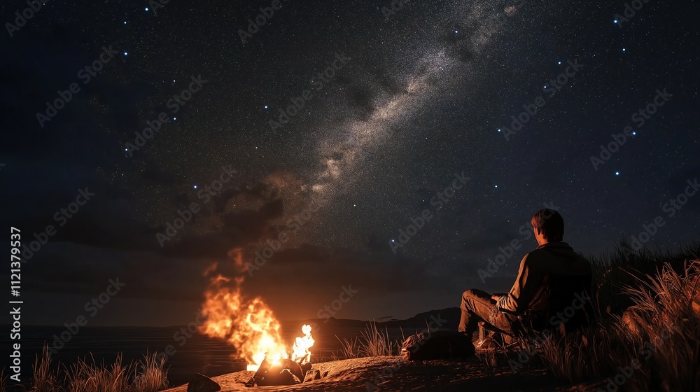 A solo camper sitting by a campfire under a starry night sky. A solo camper sitting by a campfire under a starry night sky.