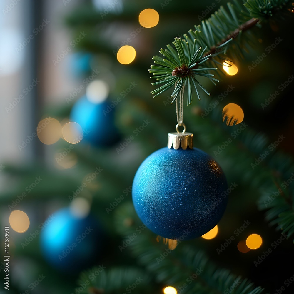 Fototapeta premium Christmas decoration, blue round garland on tree, close-up