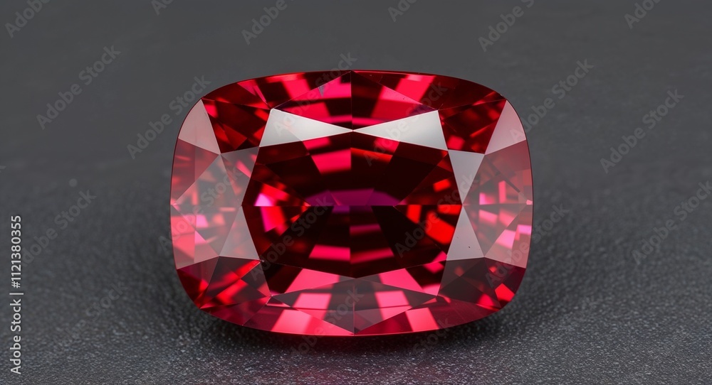 Cushion cut ruby intense red brilliance sparkling clarity on a dark gray background Cushion cut ruby intense red brilliance sparkling clarity on a dark gray background