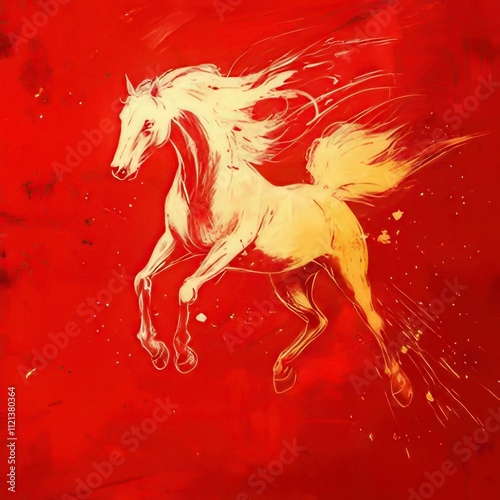 Golden horse galloping on red background. photo