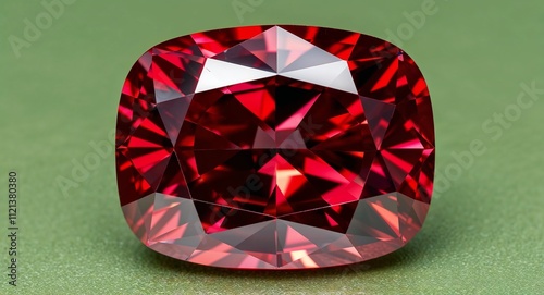 Cushion cut ruby vivid red brilliance fiery sparkle on a soft green background