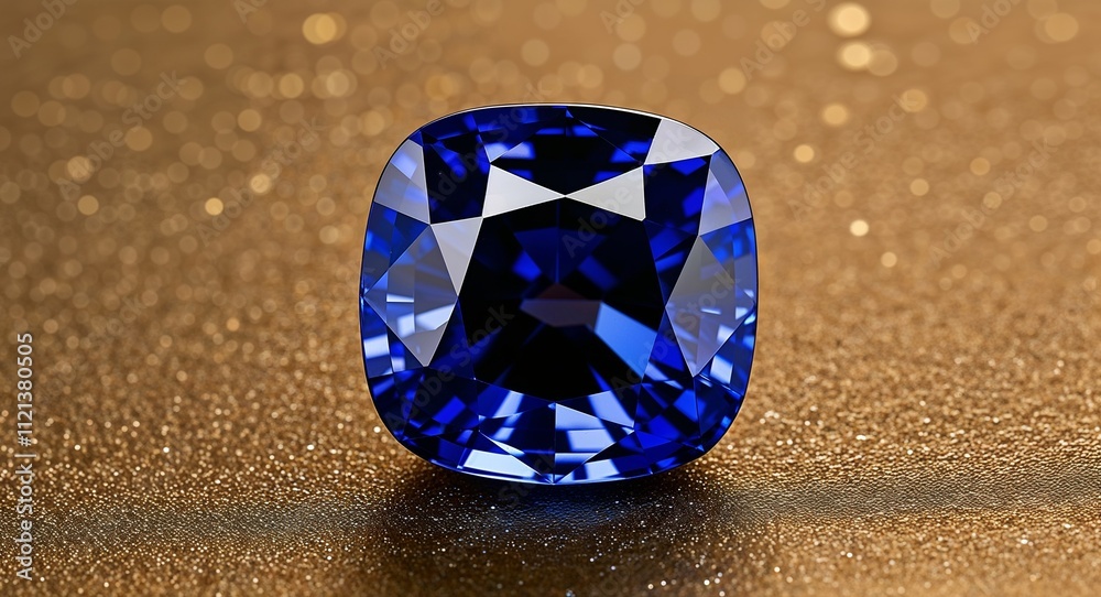 Cushion cut sapphire deep royal blue brilliance soft sparkle on a golden background Cushion cut sapphire deep royal blue brilliance soft sparkle on a golden background