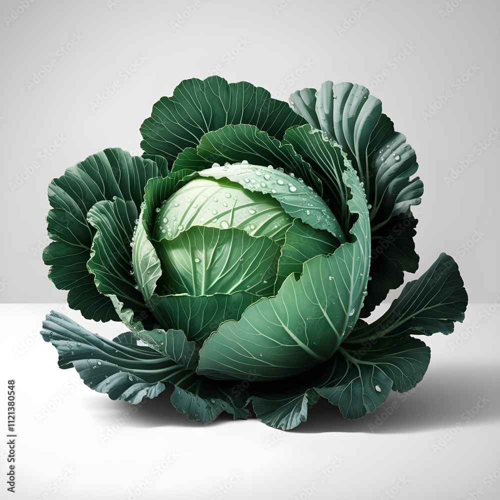 Obraz premium Fresh Green Cabbage with Dew Drops Isolated on White Background