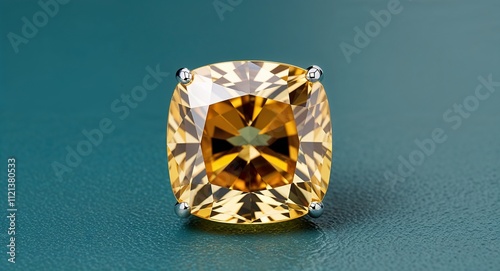 Cushion cut topaz bright yellow brilliance radiant clarity on a teal background photo