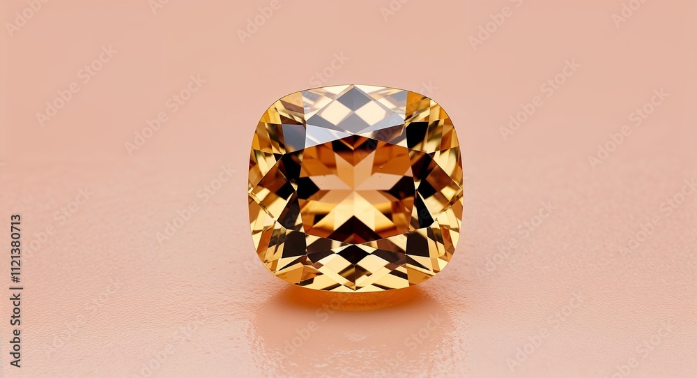 Cushion cut topaz golden brilliance sharp brilliance on a pastel peach background Cushion cut topaz golden brilliance sharp brilliance on a pastel peach background