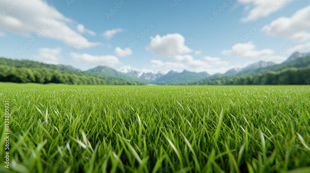 Lush green grass field with mountains and blue sky in the background. Lush green grass field with mountains and blue sky in the background.
