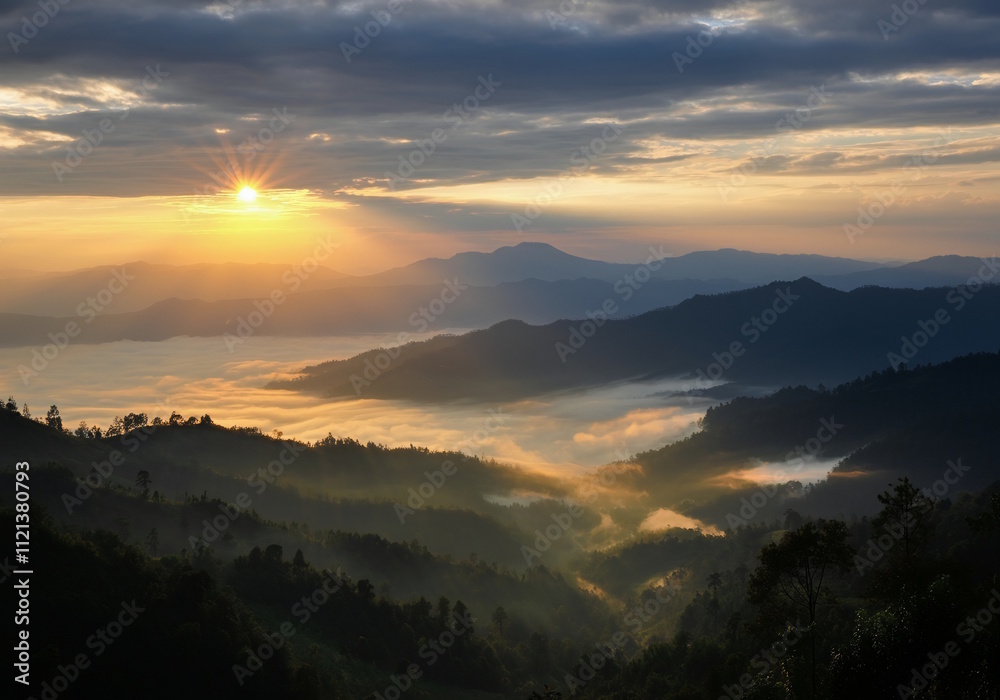 Obraz premium A breathtaking sunrise over misty mountains.