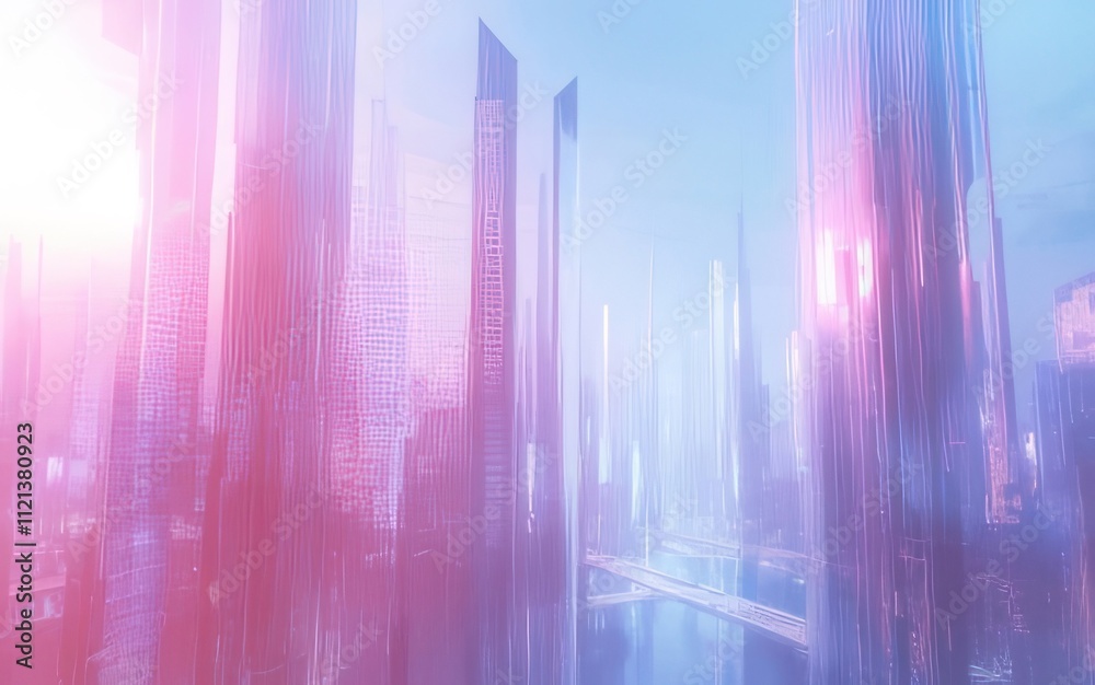 Futuristic city skyline at dawn, pink and purple hues. Futuristic city skyline at dawn, pink and purple hues.