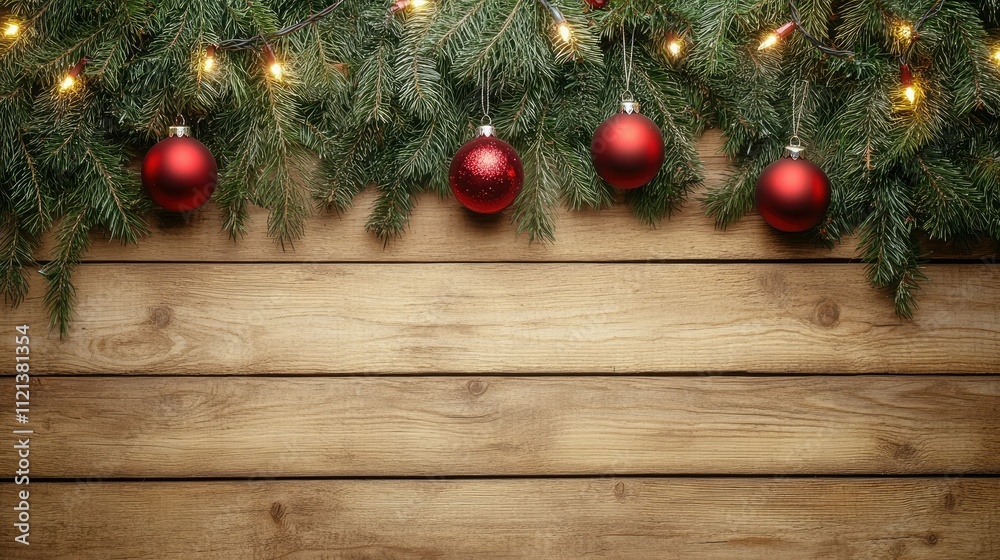 Green fir branches with glowing string lights and red ornaments cascading over a weathered wooden plank backdrop Green fir branches with glowing string lights and red ornaments cascading over a weathered wooden plank backdrop