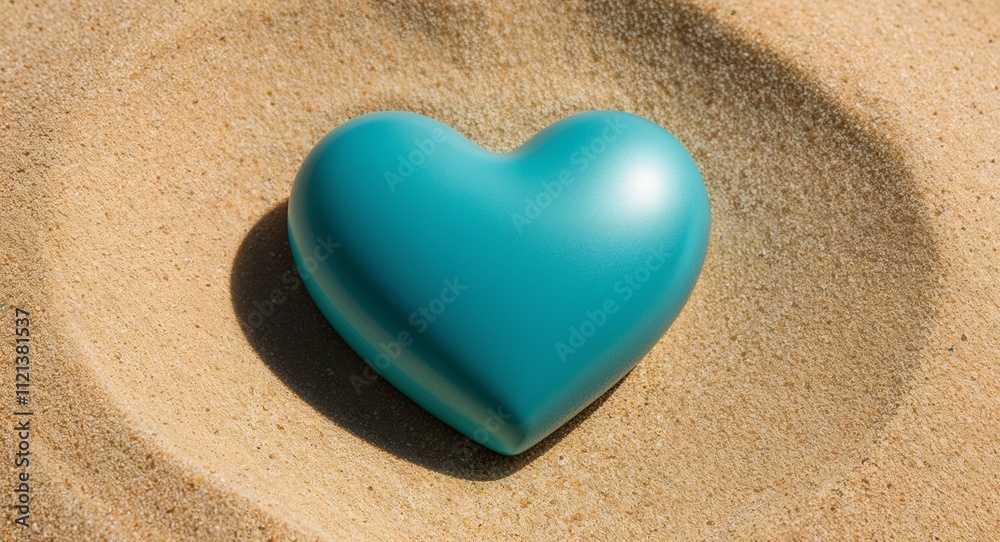 Heart shaped turquoise calming blue green glow smooth finish on a sandy beige background Heart shaped turquoise calming blue green glow smooth finish on a sandy beige background