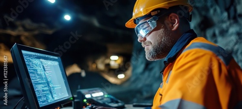Mining Engineer Working on Computer in Underground Mine