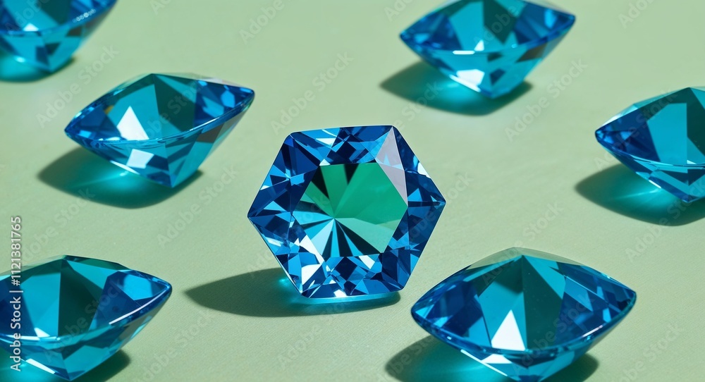 Hexagon blue topaz cool blue brilliance gleaming facets on a pale green background Hexagon blue topaz cool blue brilliance gleaming facets on a pale green background