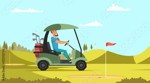Golfer driving in golf cart. Golf club landscape. Cartoon vector illustration.