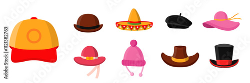 Hats set. Headdress flat vector illustrations. Men and women headwear shop. Fashionable wardrobe accessories. Baseball cap, sombrero, beret. Panama, cowboy hat, cylinder, bowler.