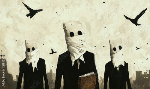 Surreal Businessmen with Paper Bag Masks in Muted Earth Tones photo